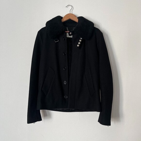 Sandro Jackets & Blazers - Shearling Trim Collar Black Wool Aviator Jacket